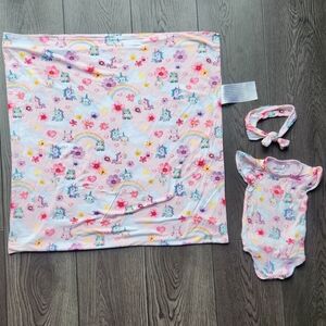 Posh Peanut Fisher Price pink unicorn bodysuit 0-3 month, swaddle, and headband
